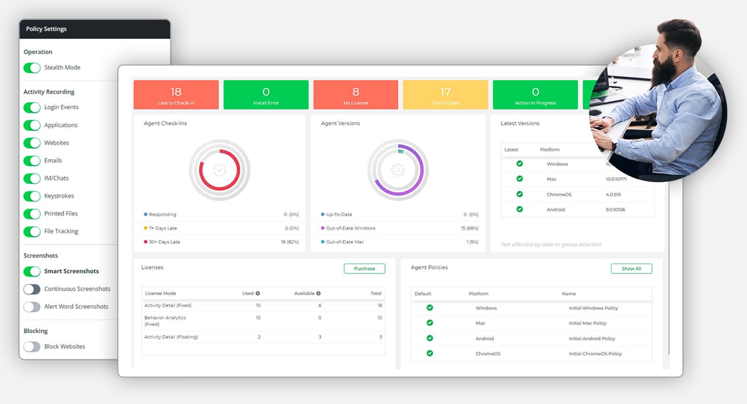 Veriato agent and policy screens